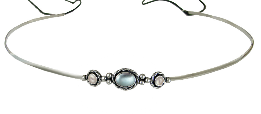 Sterling Silver Renaissance Style Headpiece Circlet Tiara With Blue Topaz And Cultured Freshwater Pearl